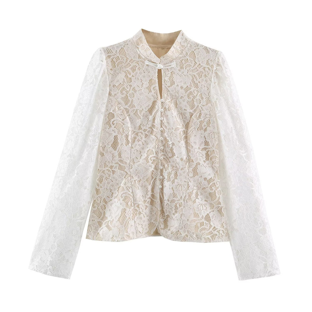 Women's lace blouse with stand-up collar and pearl button placket Mune Fashion