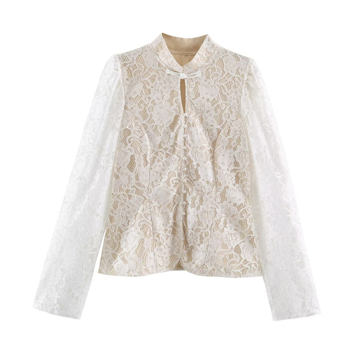 Women's lace blouse with stand-up collar and pearl button placket Mune Fashion