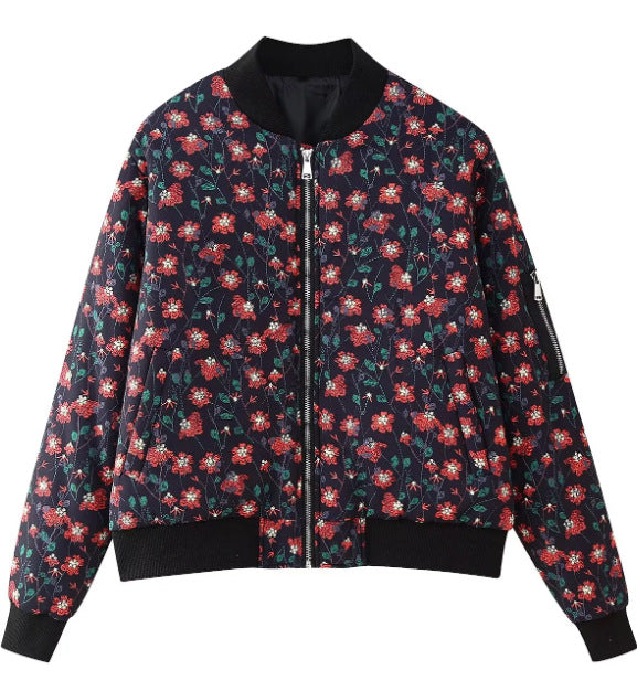 Ladies quilted floral bomber jacket with ribbed cuffs and zipper Mune Fashion
