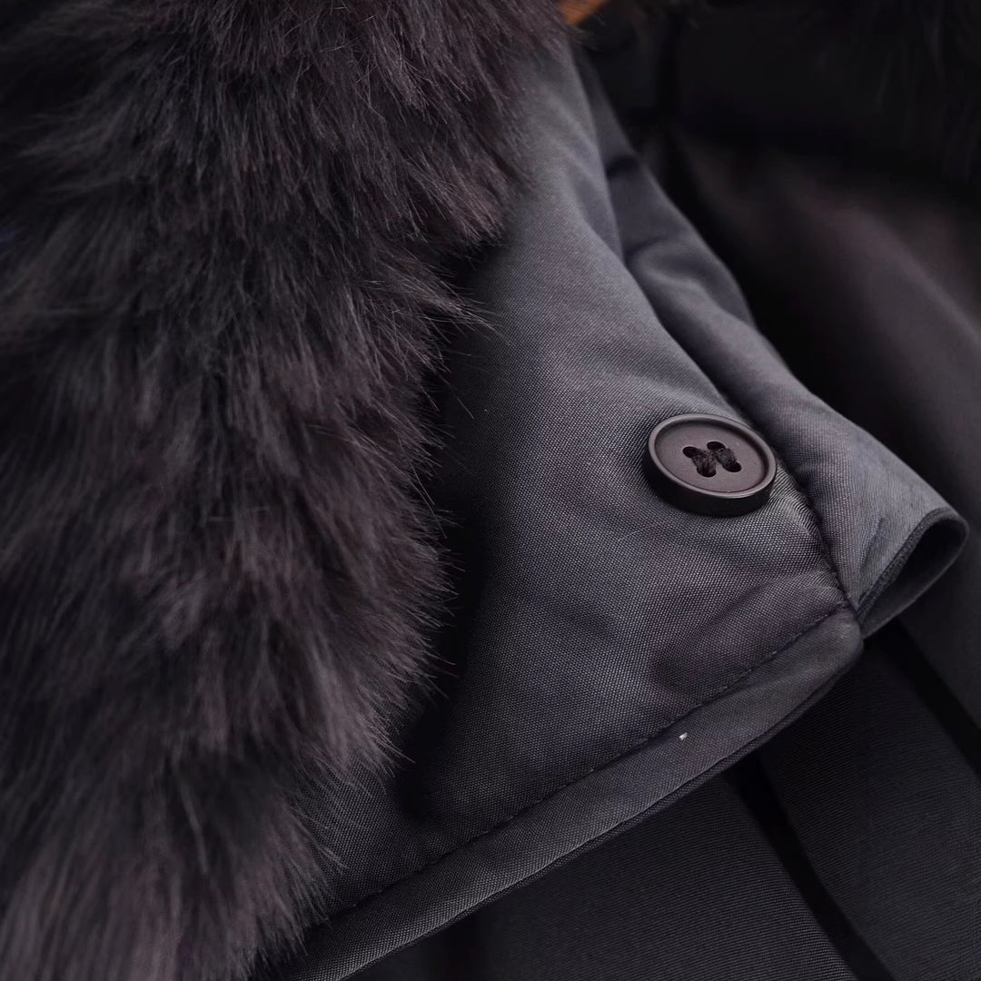 Women short-cut quilted bomber jacket with extra large faux fur collar and tailored ribbed waistband Mune Fashion