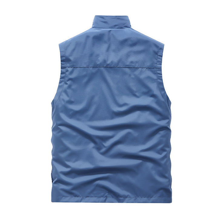 Men's Sleeveless Softshell Utility Vest with High Stand Collar, Two-Way Zipper and Concealed Pockets