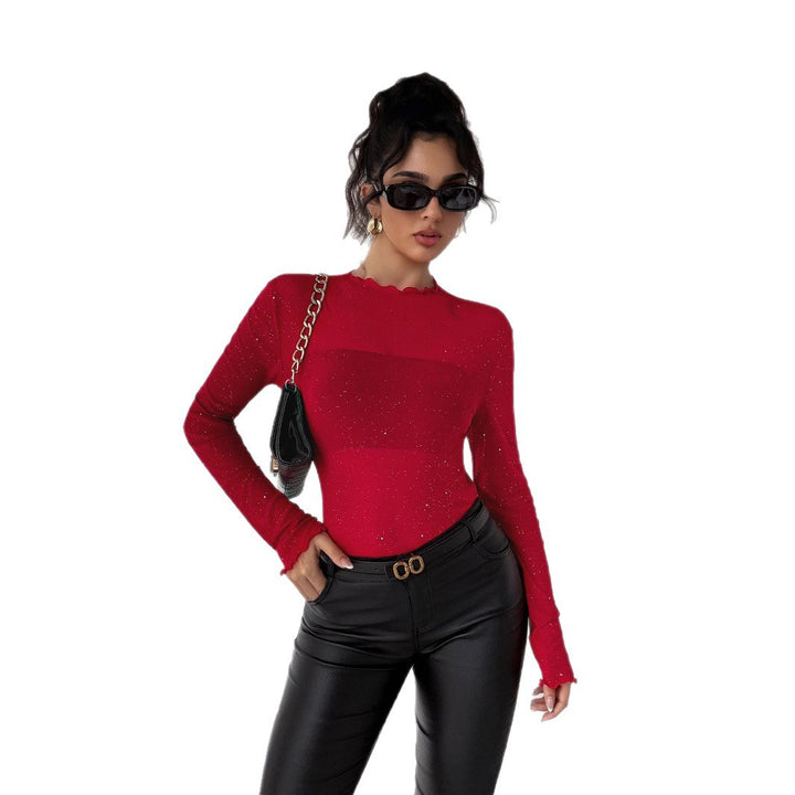 Women's figure-hugging fine knit top with stand-up collar and glitter yarn Mune Fashion