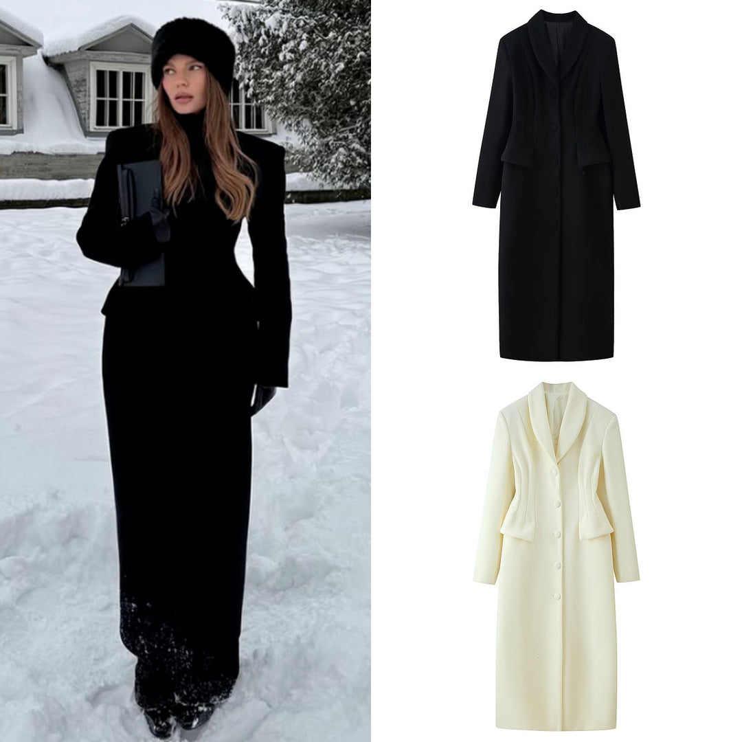 Women's tailored long coat with shawl collar and peplum waist Mune Fashion