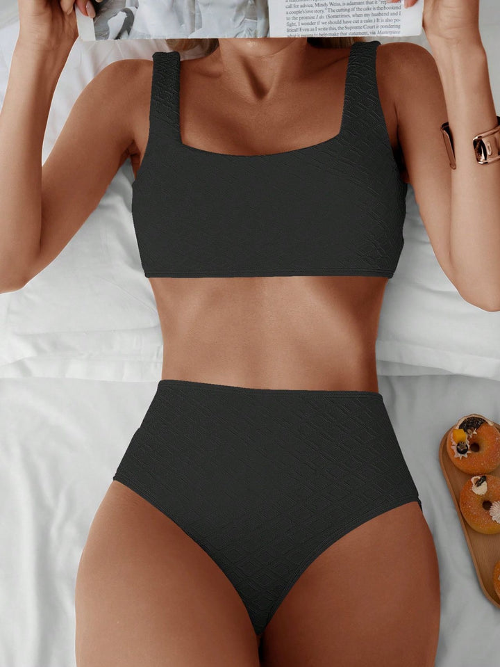 Women's High-Waisted Bikini Set with Textured Top Mune Fashion