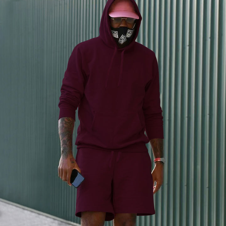 Men's two-piece leisure set hoodie and sweat shorts made of French Terry with kangaroo pocket and drawstring Mune Fashion