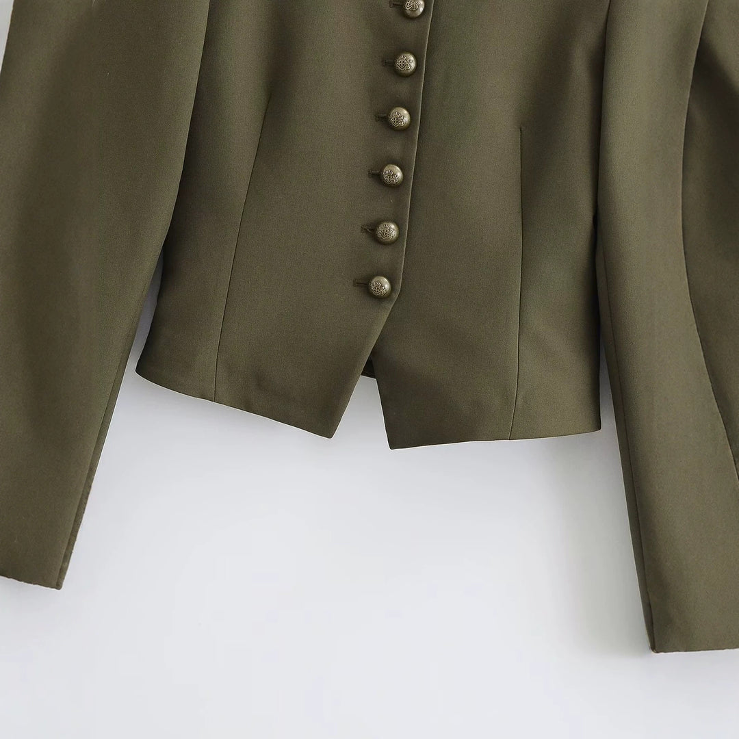 Women's fitted military short jacket with stand-up collar, epaulettes, and adorned decorative knots Drune