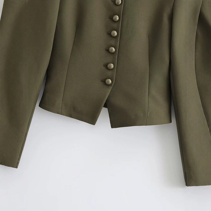 Women's fitted military short jacket with stand-up collar, epaulettes, and adorned decorative knots Drune