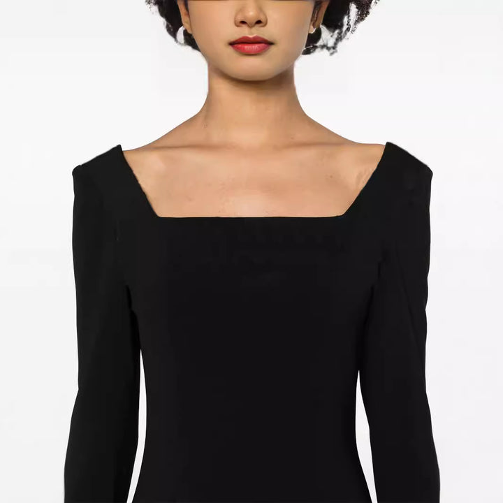 Women's Maxi Length Evening Dress in Minimalist A-Line Cut with Square Neckline and Long Sleeves Mune Fashion