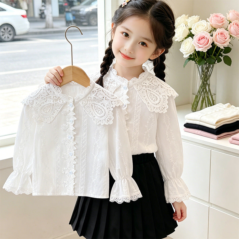 Girls elegant blouse with ruffled collar and lace accents Mune Fashion