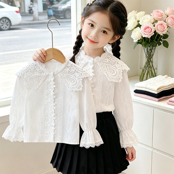 Girls elegant blouse with ruffled collar and lace accents Mune Fashion