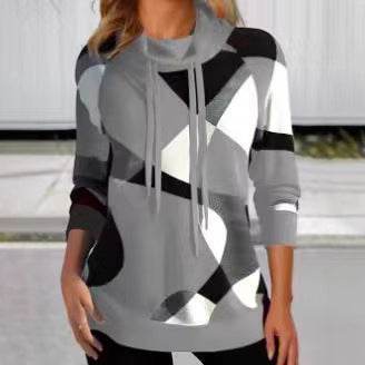 Women's Geometric Hooded Sweatshirt with Drawstring, Longline Cut and Side Pockets Mune Fashion
