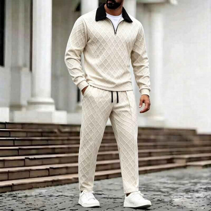 Men's Elegant Quilted Lounge Set with Half-Zip Collar & Drawstring Waist Mune Fashion