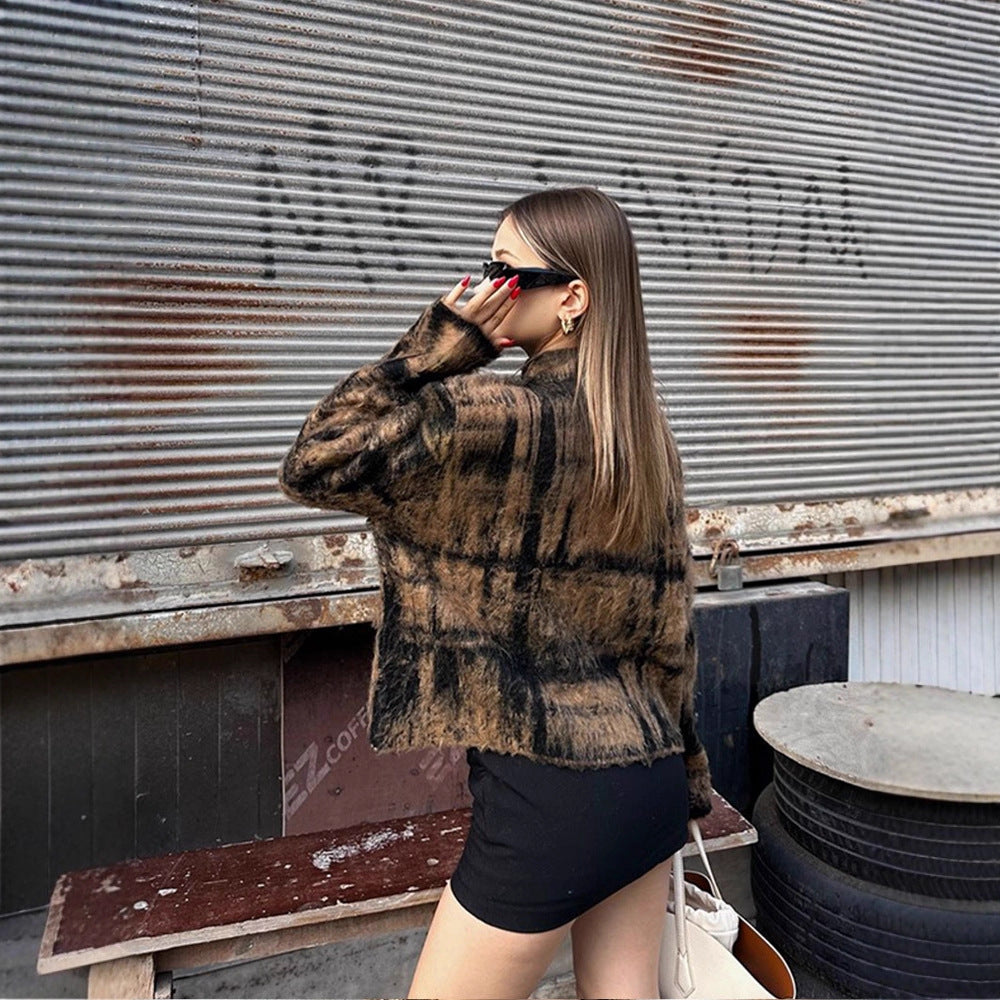 Women's Fluffy Pullover in Vintage Check with High Collar and Frayed Hem Mune Fashion