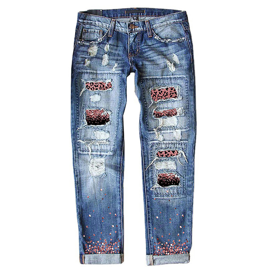 Ladies nan vintage skinny jeans with leopard patches and glitter trim Mune Fashion