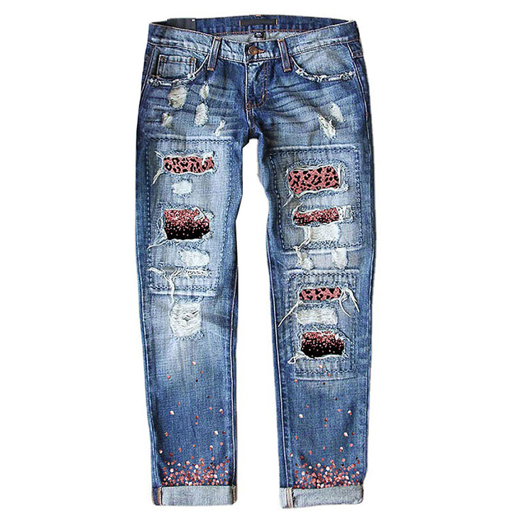 Ladies nan vintage skinny jeans with leopard patches and glitter trim Mune Fashion