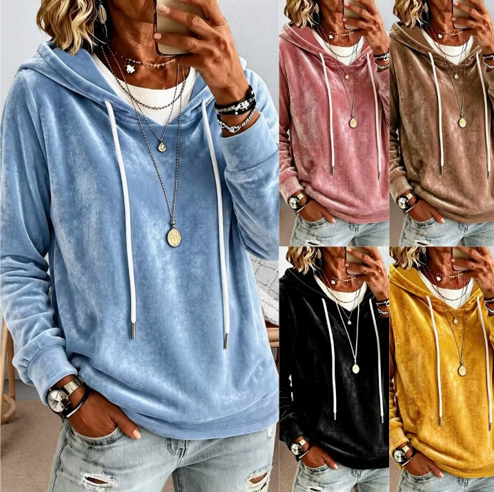 Women's Velvet Hoodie with Drawstring and Casual Oversized Fit Mune Fashion