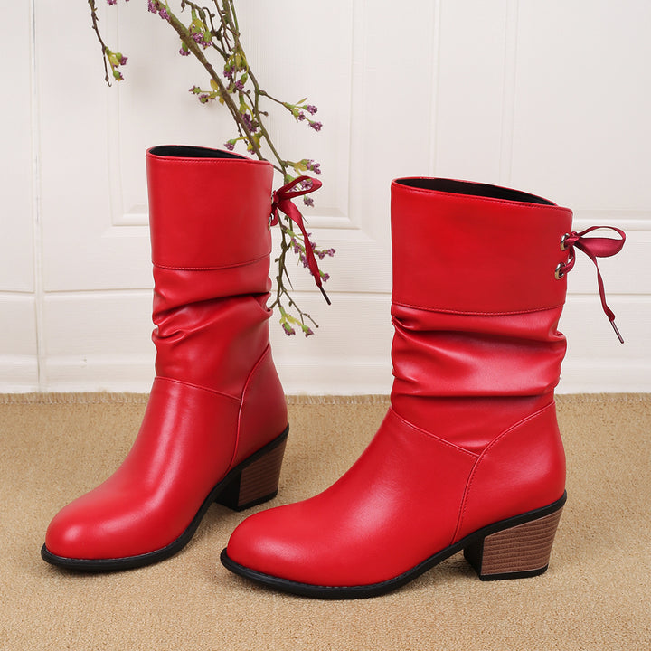 Women's Mid-Calf Slouch Boots with Decorative Satin Bow Mune Fashion
