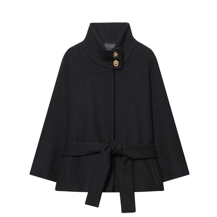 Ladies Cape Coat with Stand Collar, Tie Belt and Decorative Decorative Buttons Mune Fashion
