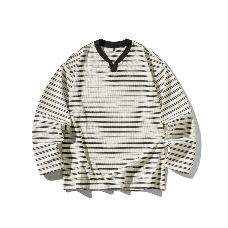 Unisex Striped Textured Long Sleeve with Notch V-Neck and Ribbed Structure Mune Fashion