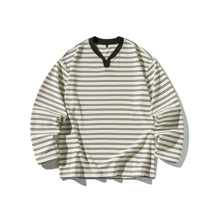 Unisex Striped Textured Long Sleeve with Notch V-Neck and Ribbed Structure Mune Fashion