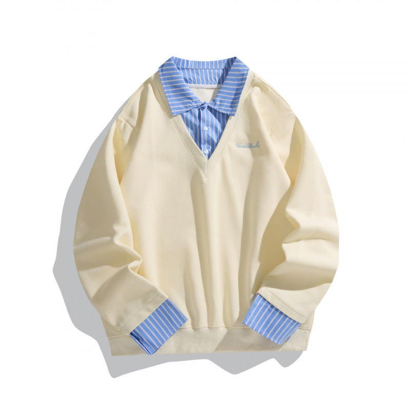 Unisex Layered Look Sweatshirt with V-Neck, integrated Shirt Collar and Striped Cuffs Mune Fashion