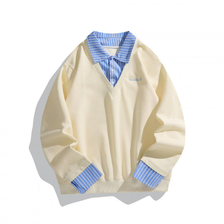 Unisex Layered Look Sweatshirt with V-Neck, integrated Shirt Collar and Striped Cuffs Mune Fashion