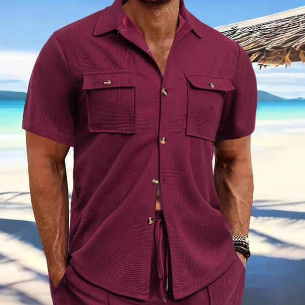 Men's structured waffle lounge set with shirt jacket, chest pockets and corded pants Mune Fashion