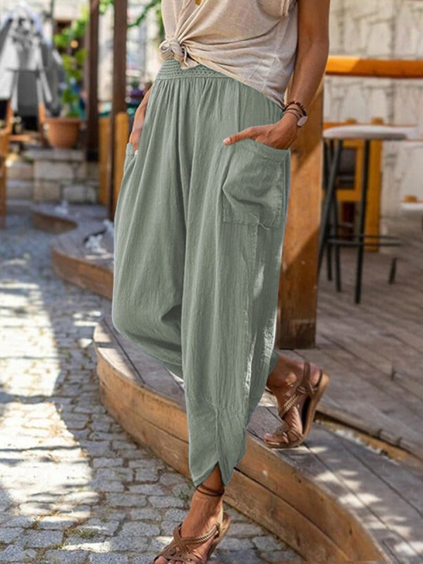 Women’s casual harem pants with elastic smock waistband, patch pockets, and gathered ankle cuffs Mune Fashion