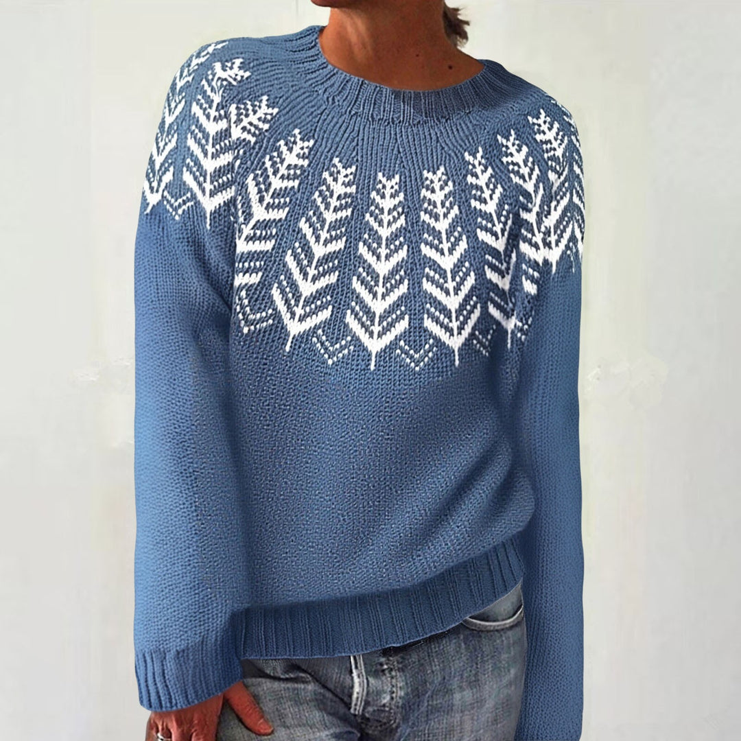 Women's gray marled round neck sweater with circular jacquard yoke and ribbed hem Mune Fashion