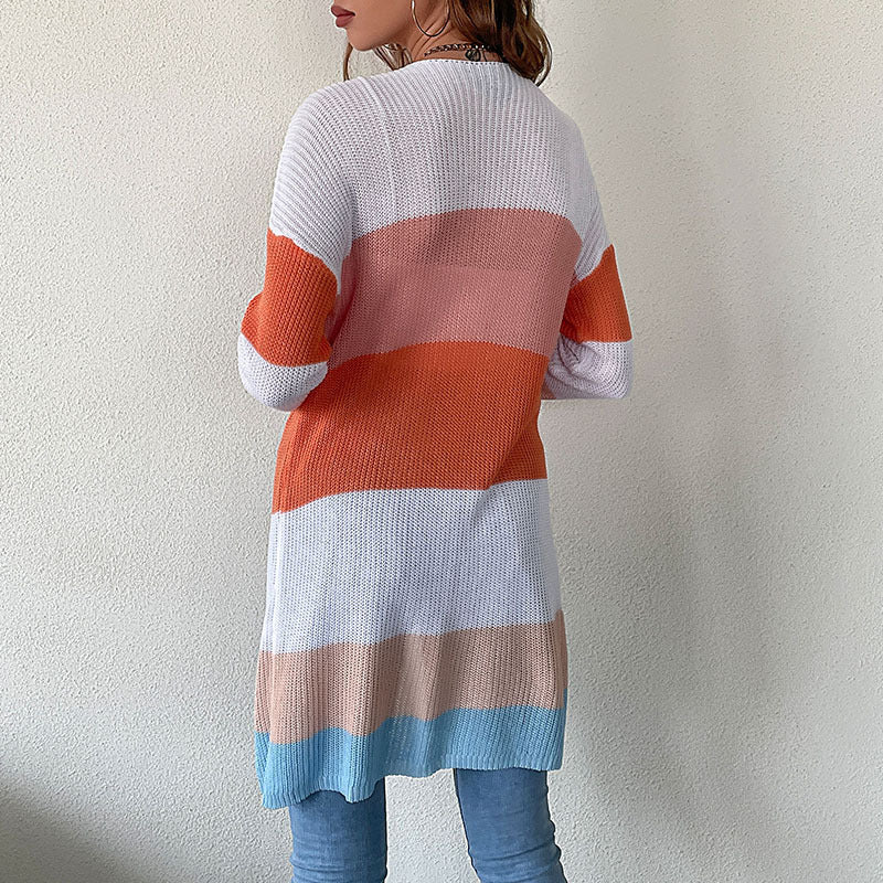 Women's Longline Fine Knit Cardigan with Colorful Block Stripes and Side Pockets Mune Fashion