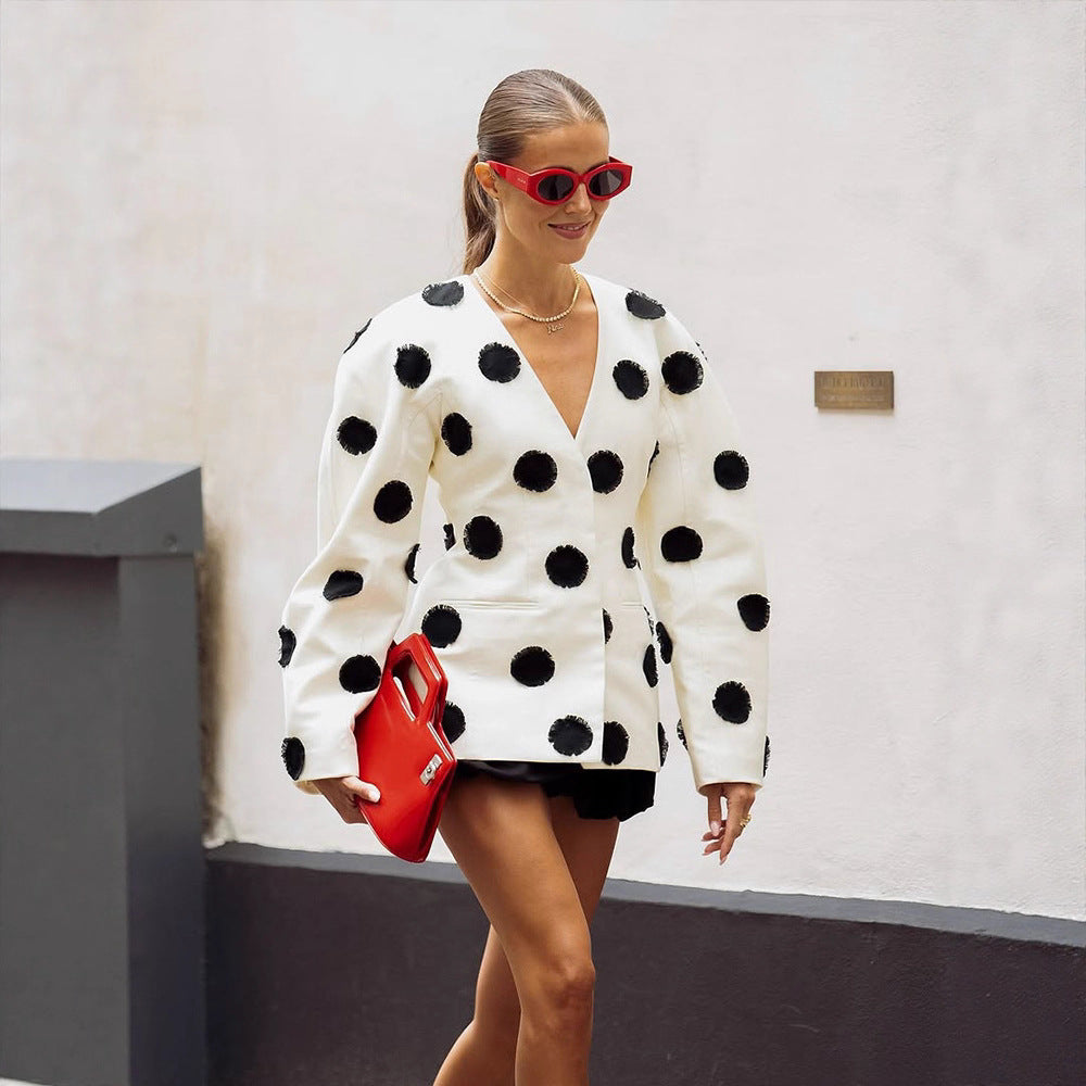 Women's Tailored Blazer with Deep V-Neck, Voluminous Sleeves and Polka-Dot Applications Mune Fashion