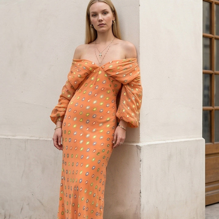 Women Elegant Off-Shoulder Maxi Dress with Twisted Front and Balloon Sleeves Mune Fashion