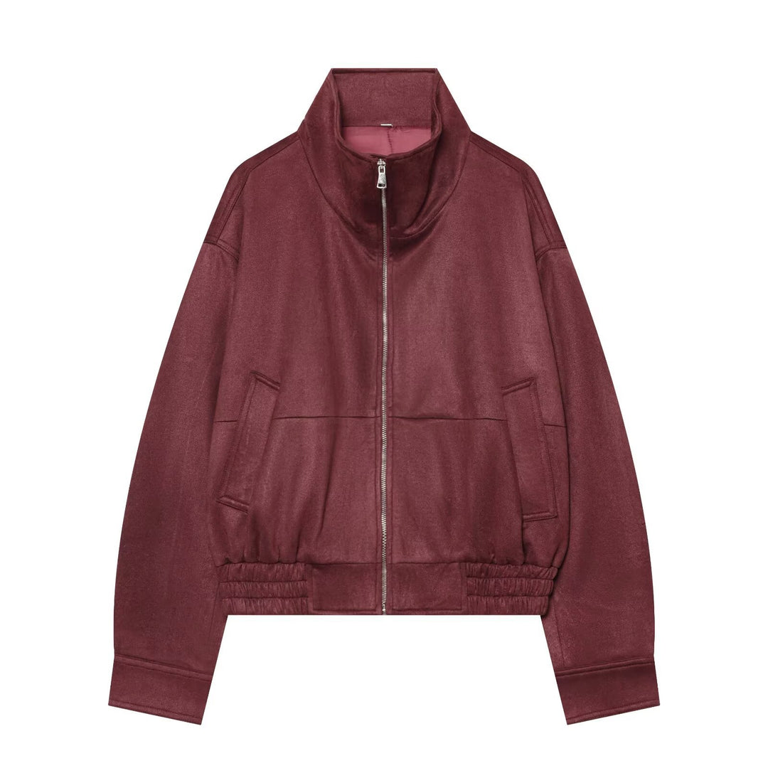 Women's short jacket in velour leather look with stand-up collar and elastic hem