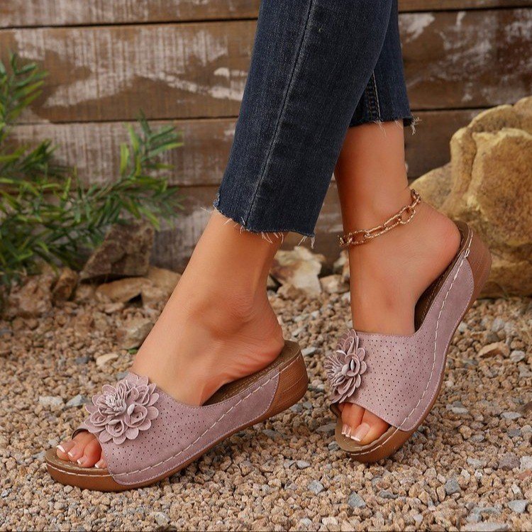Women's Perforated Wedge Sandals as Slip-On with Flower Application and Padded Footbed Mune Fashion