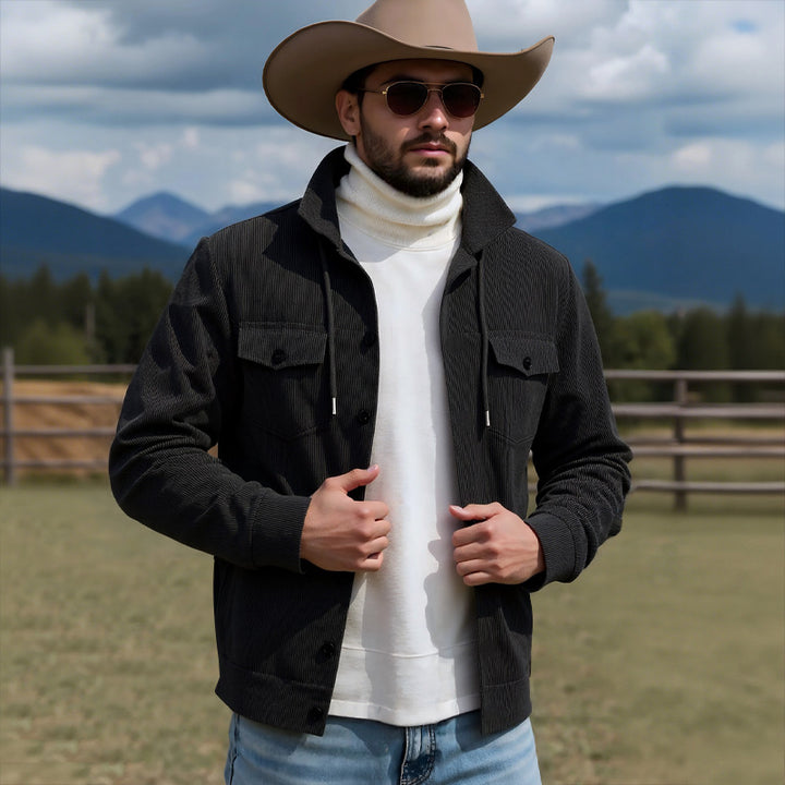 Men's knitted corduroy overshirt jacket with hood, breast pockets and continuous button placket Mune Fashion