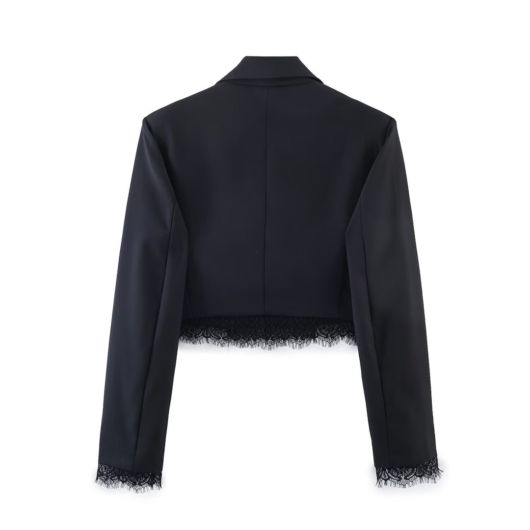 Women Cropped Blazer with Lace Trim, Tailored Single Button Silhouette Mune Fashion