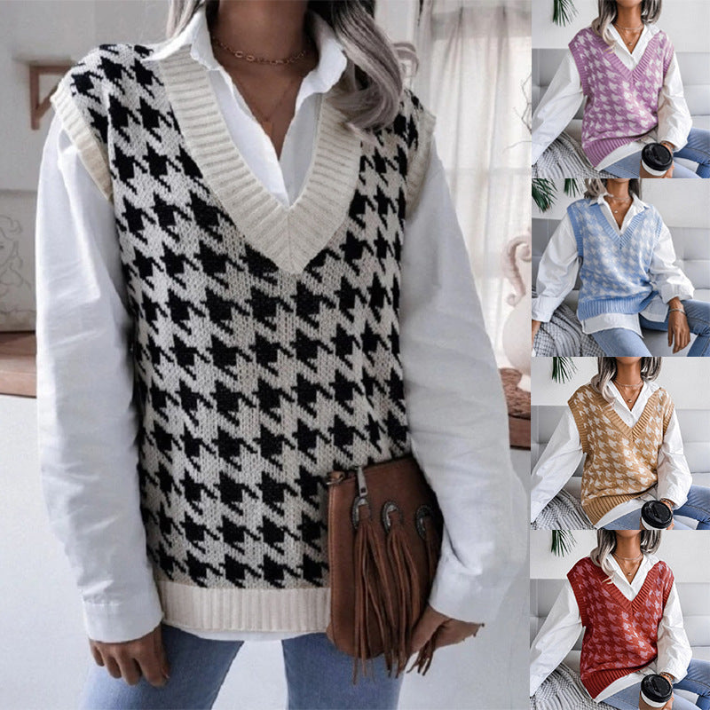 Women Oversized Knit Vest with Houndstooth Pattern and V-Neck Mune Fashion