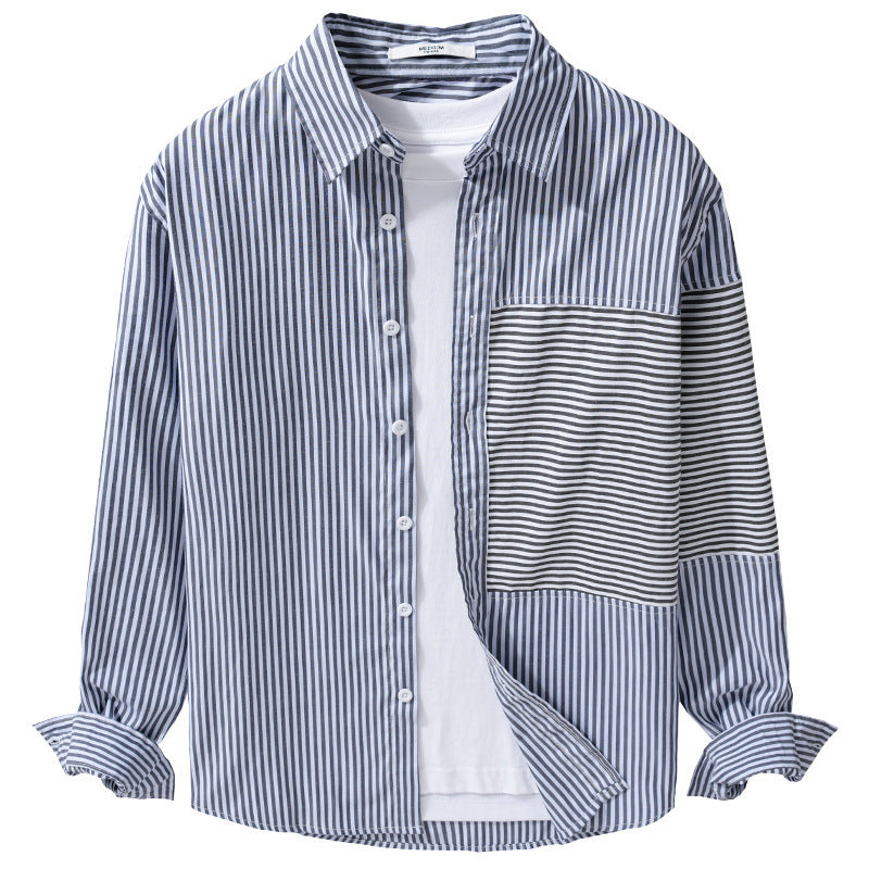 Men's Striped Patchwork Shirt with Chest Patch and Relaxed Fit Mune Fashion