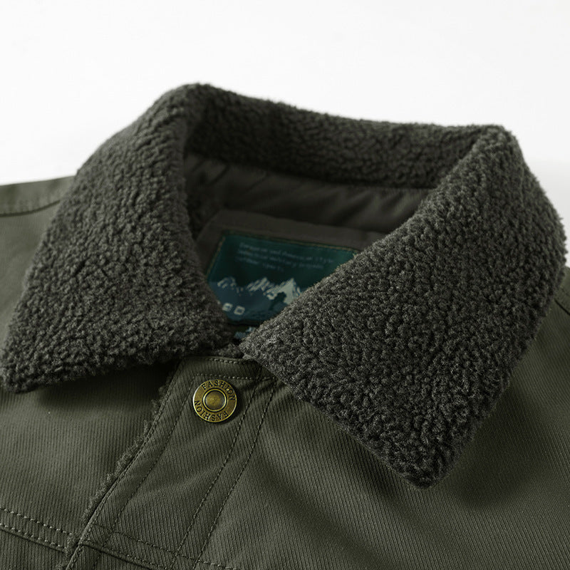 Men's Sherpa-lined canvas trucker jacket with teddy lining and utility pockets Mune Fashion