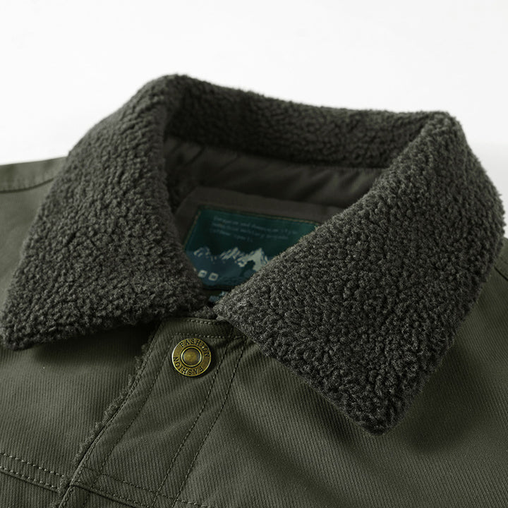 Men's Lined Canvas Trucker Jacket with Teddy Fleece Lining and Shirt Collar Mune Fashion