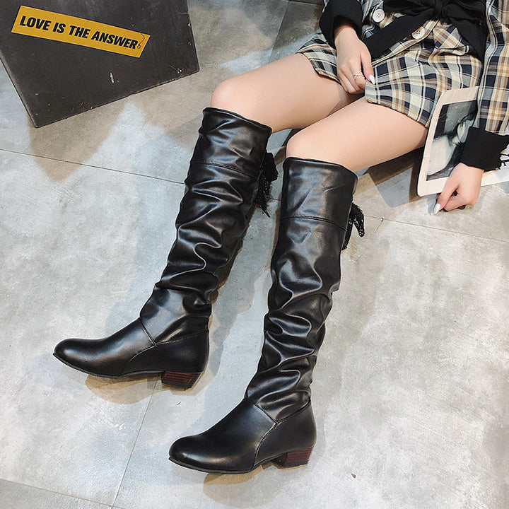 Women's knee-high shaft boots with gathered shaft, lace cord, and low block heel Mune Fashion