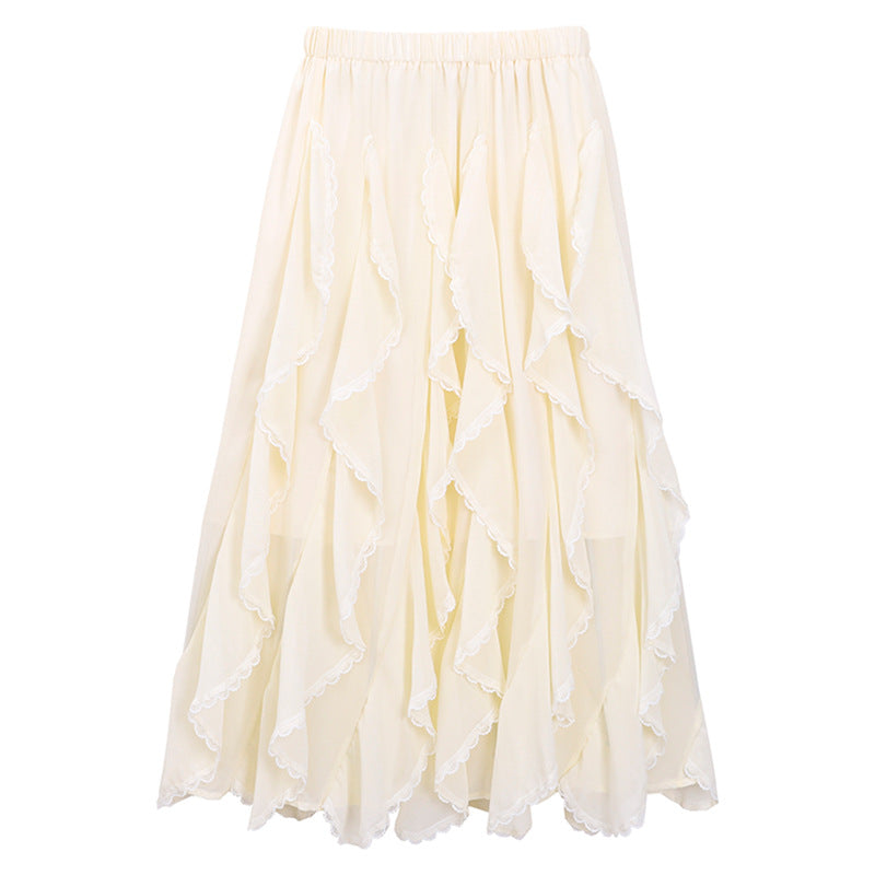 Women's multi-layered flounced tulle skirt with elastic comfort waistband and delicate lace trim Mune Fashion