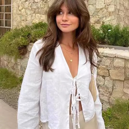 Women's Light Linen Look Tie Blouse with V-Neck, Bell Sleeves and Knot Band Mune Fashion