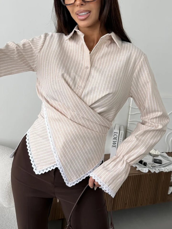Women tailored wrap blouse with lace trim and fine vertical stripes Mune Fashion