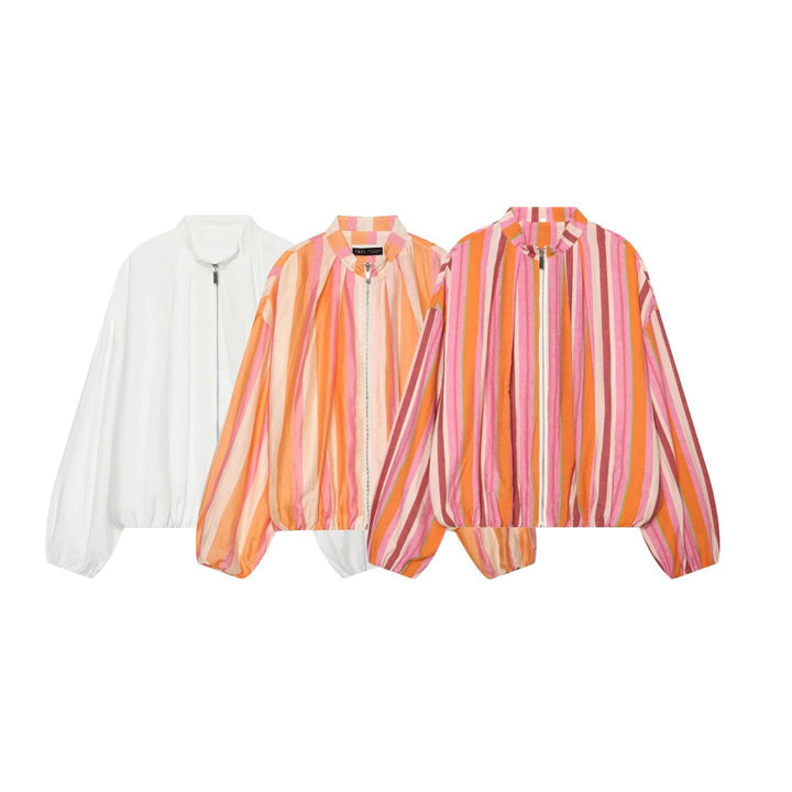 Women Cropped Oversize Bomber Jacket with Stand-Up Collar and Balloon Sleeves Mune Fashion