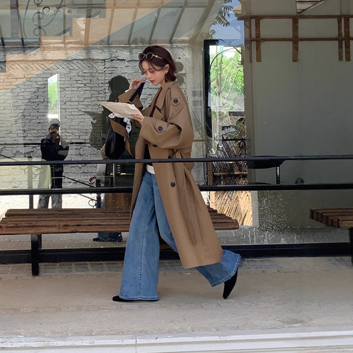 Women’s Long Trench Coat in Oversize Look with Belt and Shoulder Patches Mune Fashion
