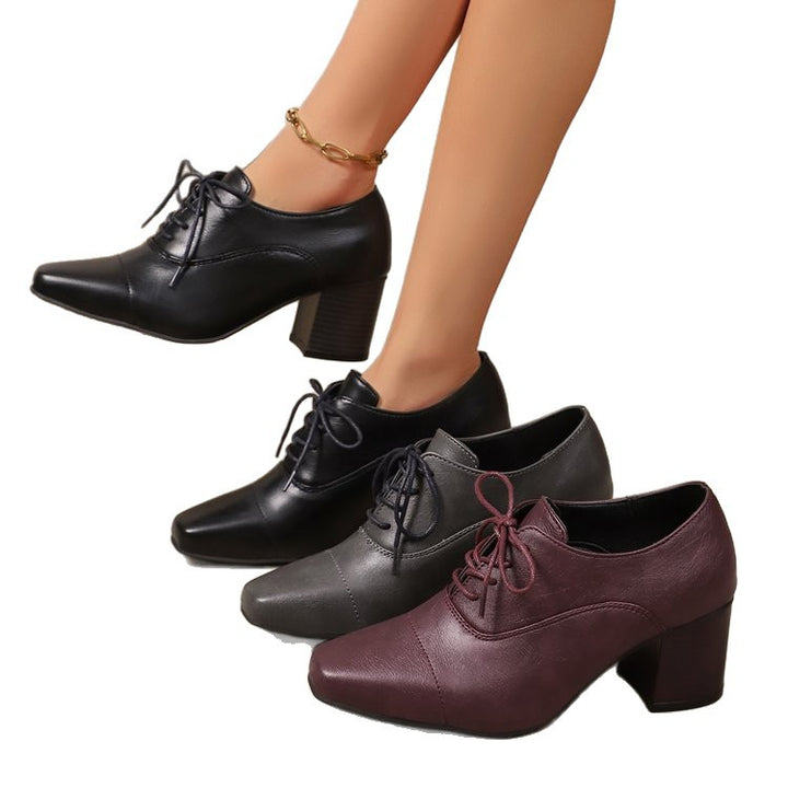 Women Elegant Lace-up Pumps with Square Toe and Mid-high Block Heel Mune Fashion