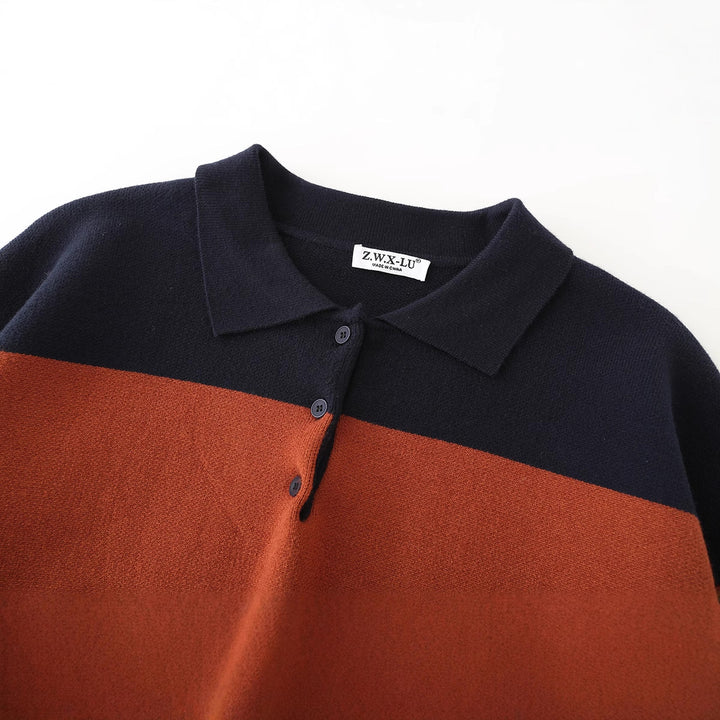 Women Oversized Polo Collar Sweater with Block Stripes Mune Fashion