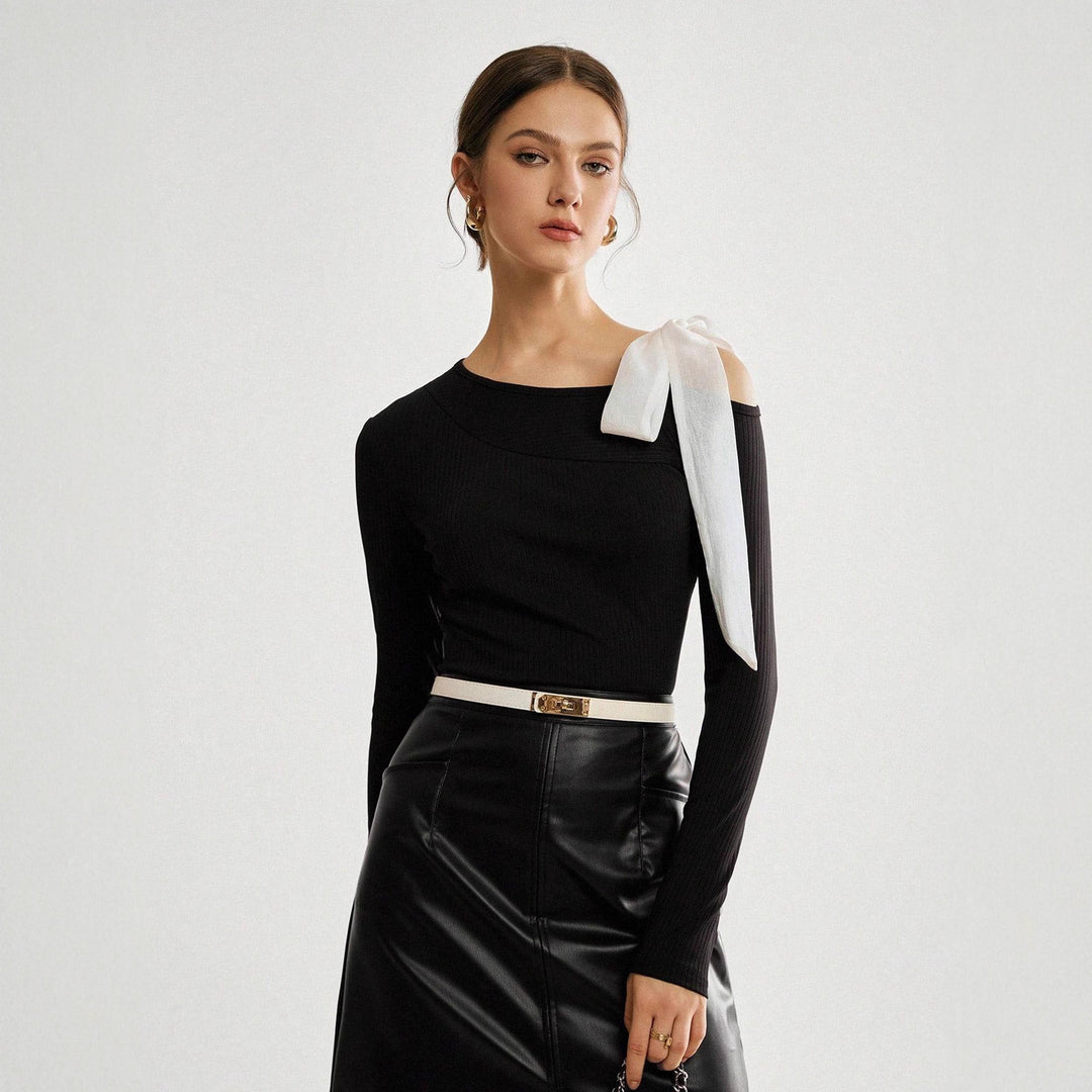 Women Asymmetric One-Shoulder Ribbed Top with Ribbon Strap Mune Fashion