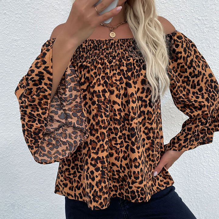 Women's Carmen blouse with smocked cuffs, off-the-shoulder neckline, and leopard print Mune Fashion